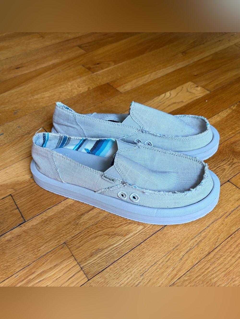 Sanuk Light Gray Slip-On Canvas Sneakers with Blue-Striped Lining